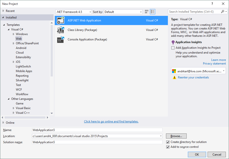 Dialogue showing New ASP.NET Web Application in VS 2015 - Base of out TypeScript project