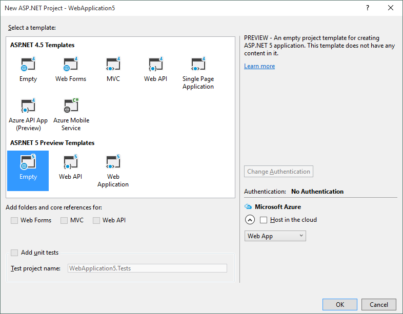 Dialogue showing the Empty ASP.NET 5 Preview Template in Visual Studio 2015